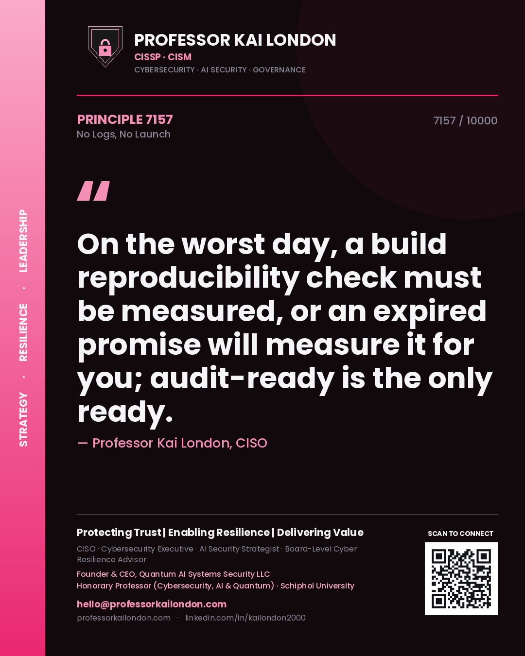 Quote card by Professor Kai London reading 'On the worst day, a build reproducibility check must be measured, or an expired promise will measure it for you; audit-ready is the only ready.'. From the book No Logs, No Launch.