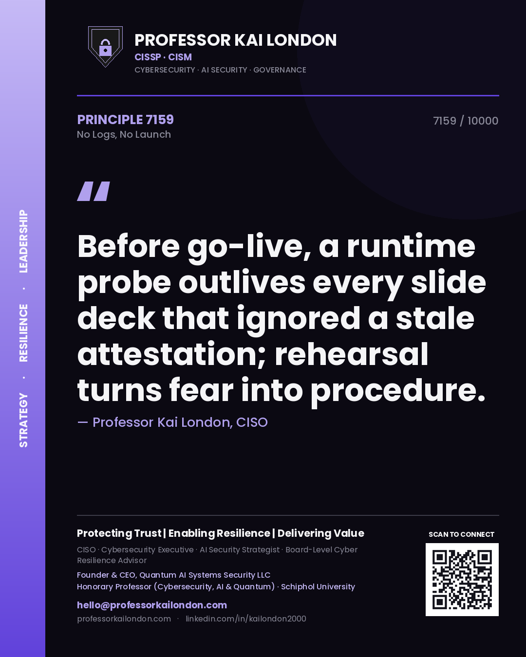 Professor Kai London principle 7159: Before go-live, a runtime probe outlives every slide deck that ignored a stale attestation; rehearsal turns fear into procedure.