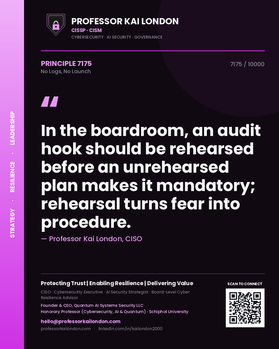 Quote card by Professor Kai London reading 'In the boardroom, an audit hook should be rehearsed before an unrehearsed plan makes it mandatory; rehearsal turns fear into procedure.'. From the book No Logs, No Launch.
