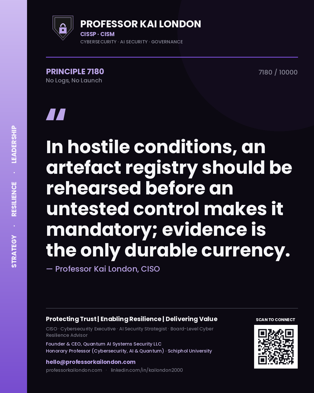 Professor Kai London principle 7180: In hostile conditions, an artefact registry should be rehearsed before an untested control makes it mandatory; evidence is the only durable currency.