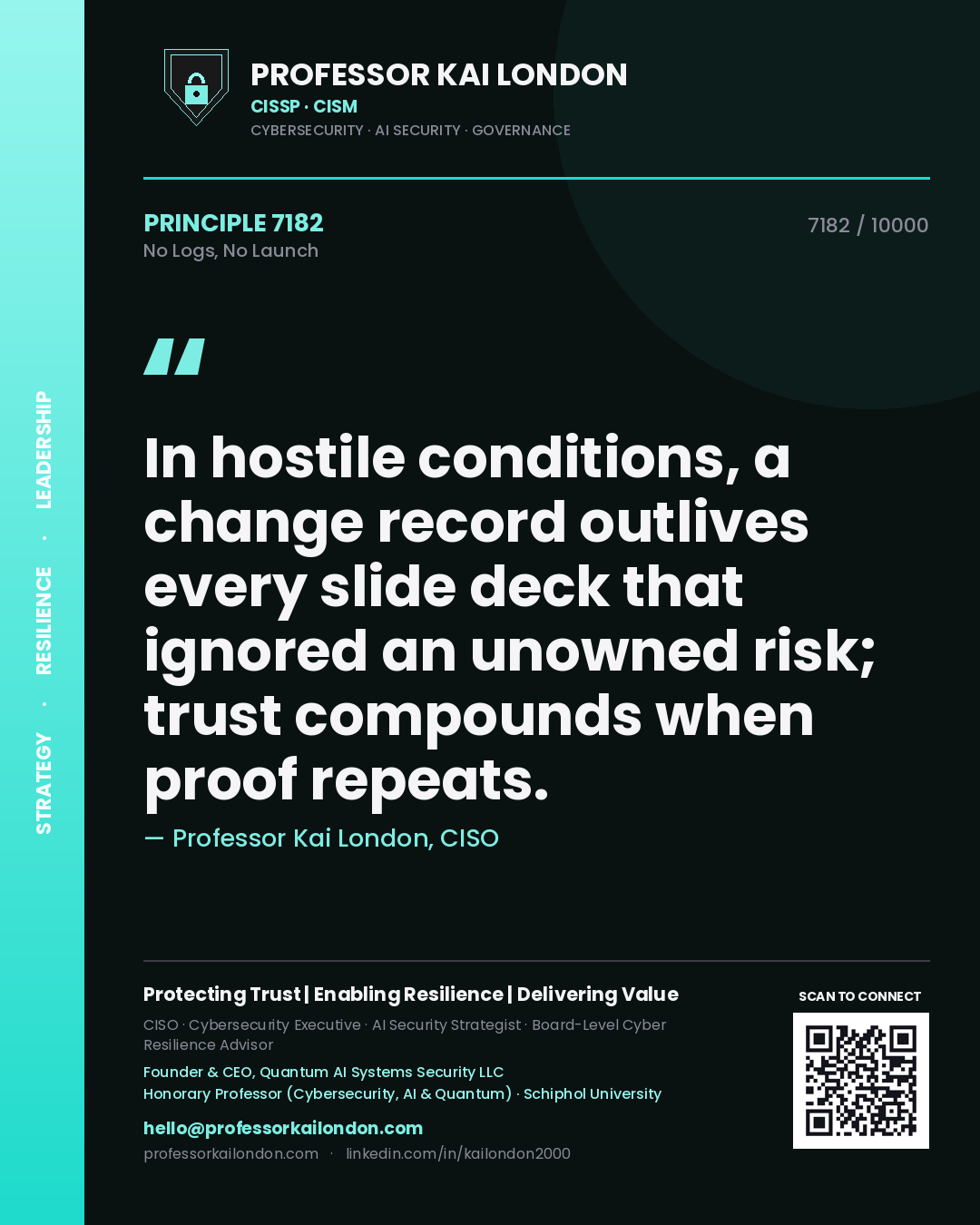 Professor Kai London principle 7182: In hostile conditions, a change record outlives every slide deck that ignored an unowned risk; trust compounds when proof repeats.