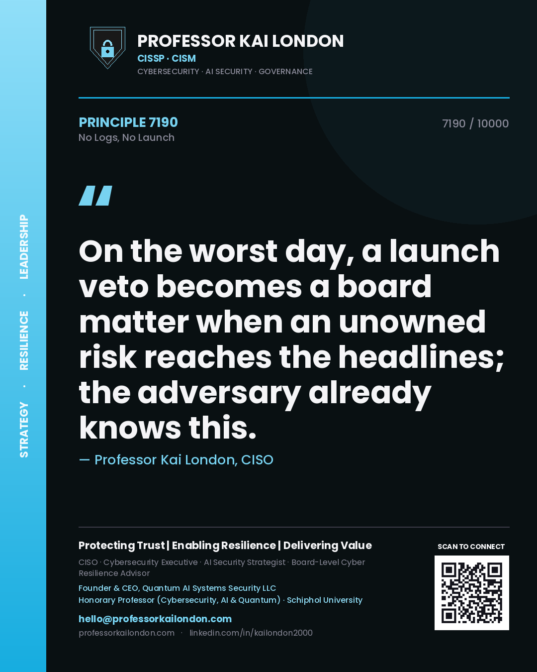 Quote card by Professor Kai London reading 'On the worst day, a launch veto becomes a board matter when an unowned risk reaches the headlines; the adversary already knows this.'. From the book No Logs, No Launch.