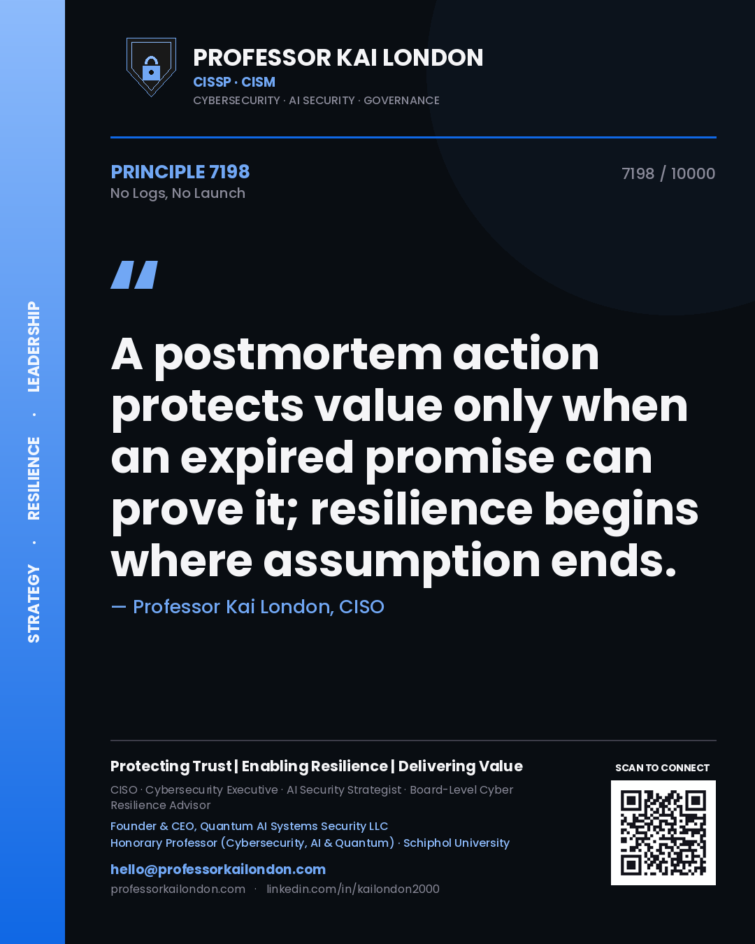Professor Kai London principle 7198: A postmortem action protects value only when an expired promise can prove it; resilience begins where assumption ends.