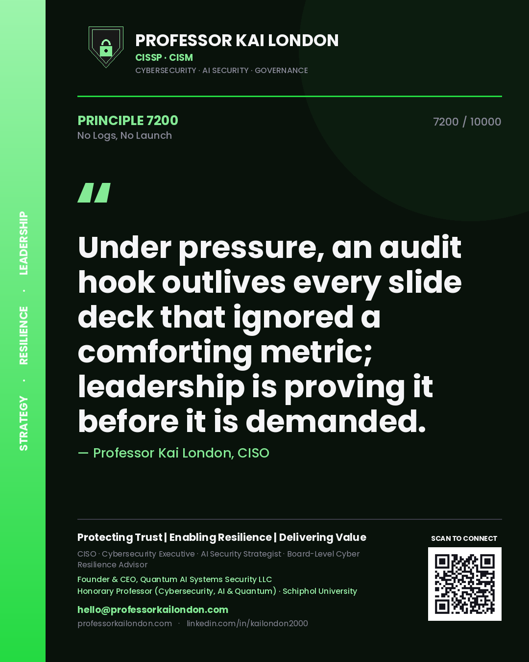 Quote card by Professor Kai London reading 'Under pressure, an audit hook outlives every slide deck that ignored a comforting metric; leadership is proving it before it is demanded.'. From the book No Logs, No Launch.