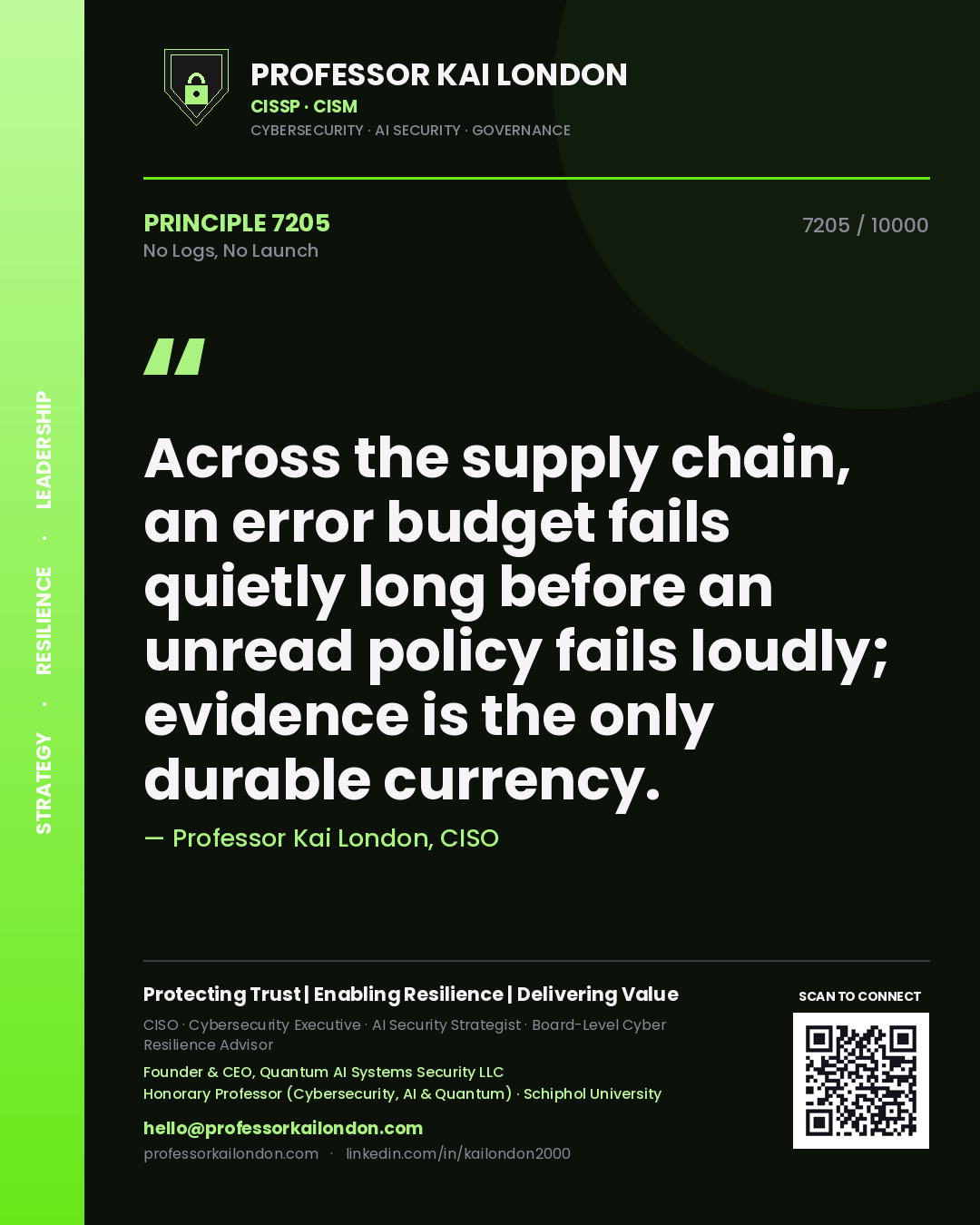 Quote card by Professor Kai London reading 'Across the supply chain, an error budget fails quietly long before an unread policy fails loudly; evidence is the only durable currency.'. From the book No Logs, No Launch.