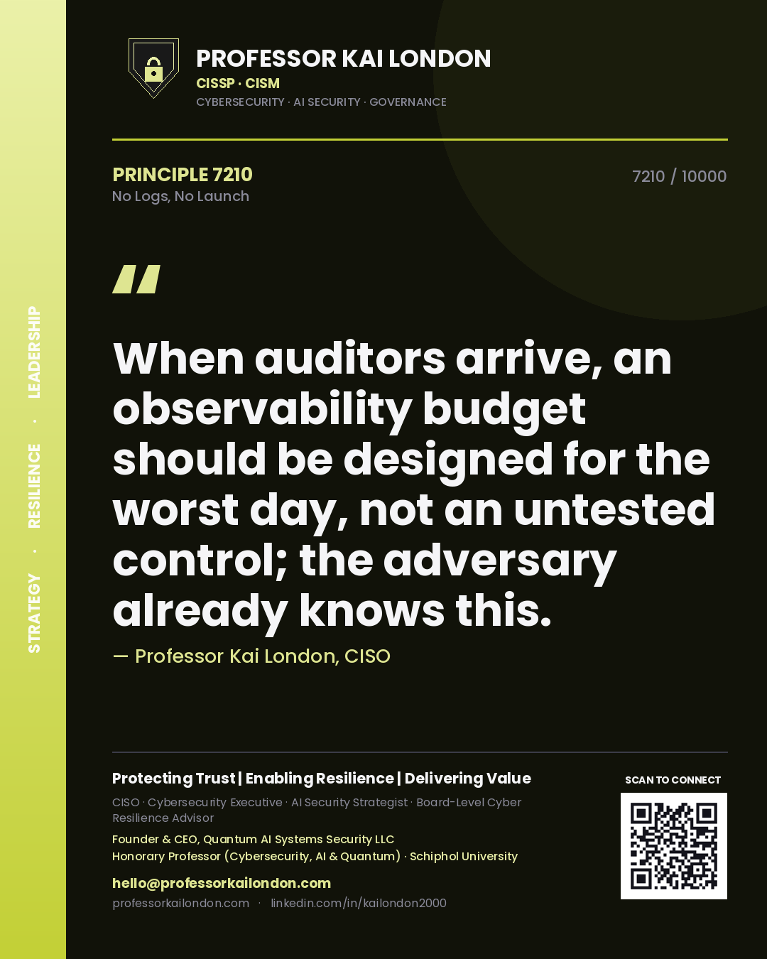 Professor Kai London principle 7210: When auditors arrive, an observability budget should be designed for the worst day, not an untested control; the adversary already knows this.