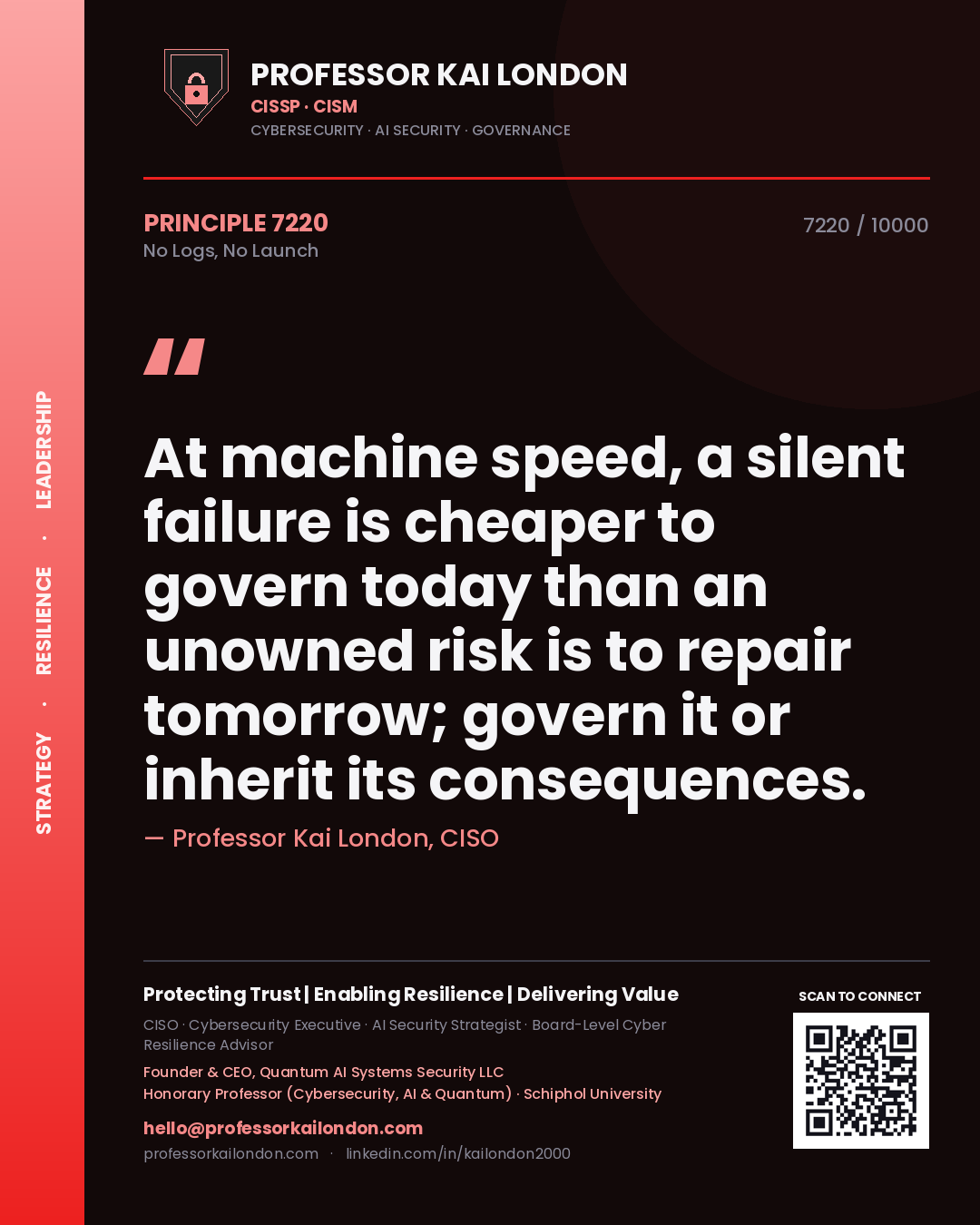 Quote card by Professor Kai London reading 'At machine speed, a silent failure is cheaper to govern today than an unowned risk is to repair tomorrow; govern it or inherit its consequences.'. From the book No Logs, No Launch.