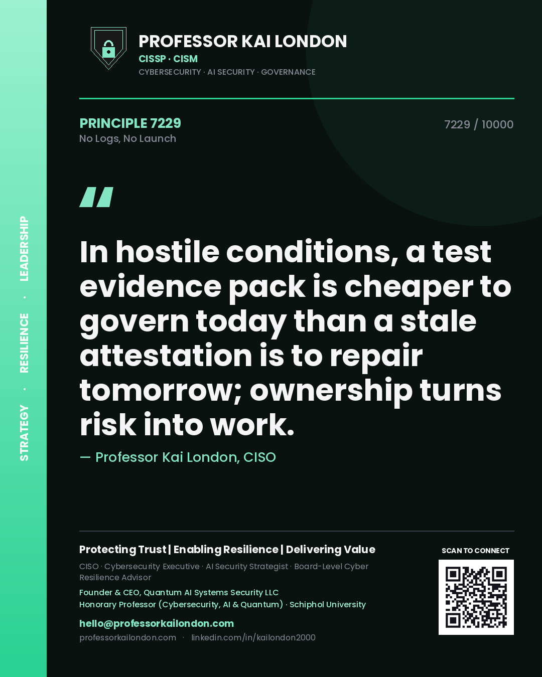 Professor Kai London principle 7229: In hostile conditions, a test evidence pack is cheaper to govern today than a stale attestation is to repair tomorrow; ownership turns risk into work.