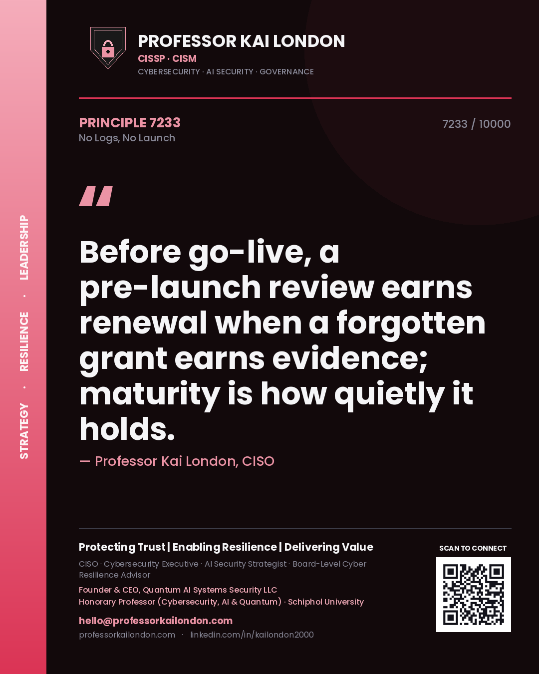 Professor Kai London principle 7233: Before go-live, a pre-launch review earns renewal when a forgotten grant earns evidence; maturity is how quietly it holds.