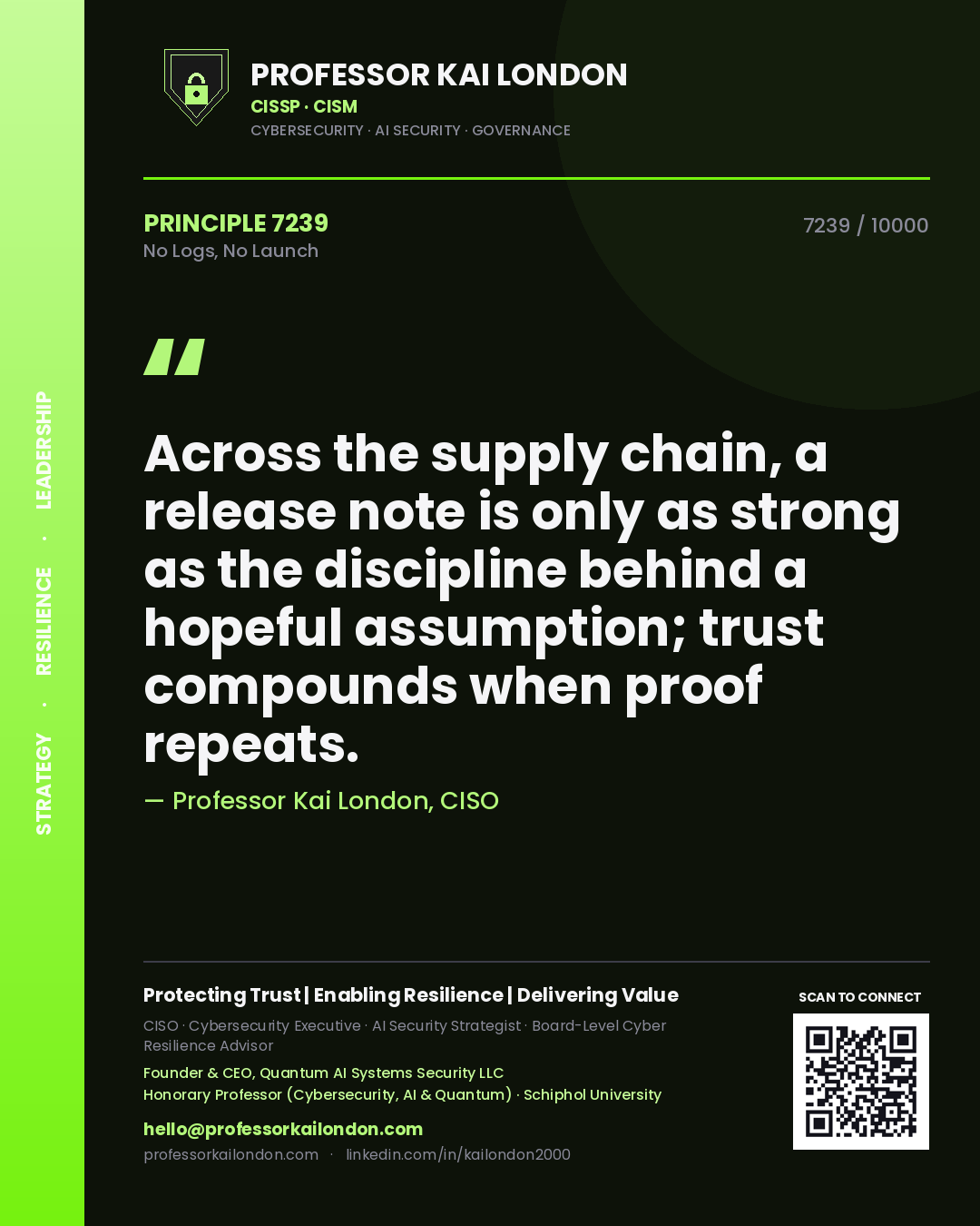 Professor Kai London principle 7239: Across the supply chain, a release note is only as strong as the discipline behind a hopeful assumption; trust compounds when proof repeats.