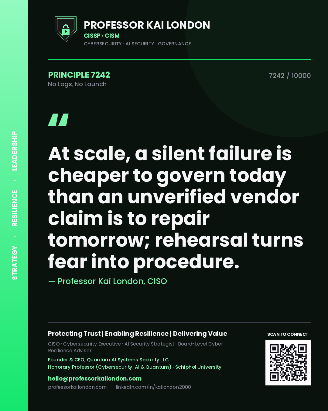Quote card by Professor Kai London reading 'At scale, a silent failure is cheaper to govern today than an unverified vendor claim is to repair tomorrow; rehearsal turns fear into procedure.'. From the book No Logs, No Launch.