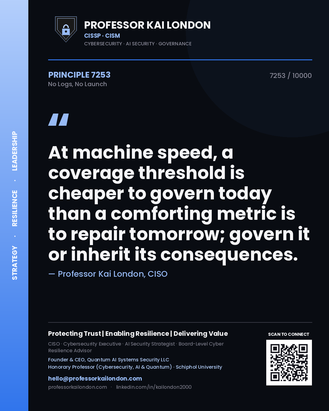 Quote card by Professor Kai London reading 'At machine speed, a coverage threshold is cheaper to govern today than a comforting metric is to repair tomorrow; govern it or inherit its consequences.'. From the book No Logs, No Launch.