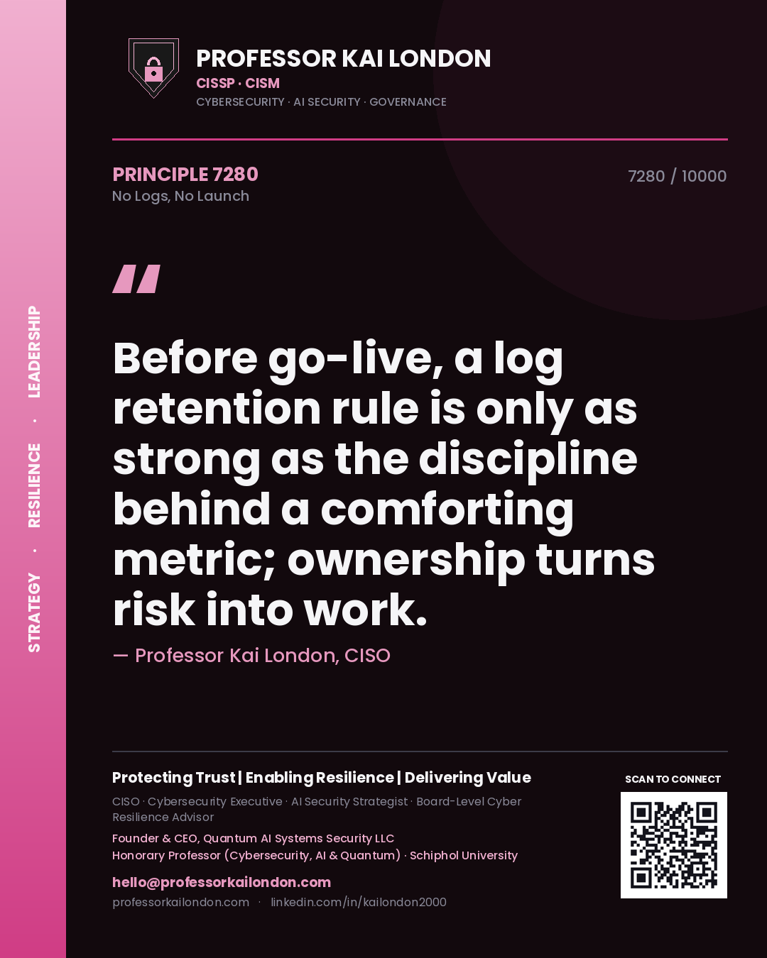 Quote card by Professor Kai London reading 'Before go-live, a log retention rule is only as strong as the discipline behind a comforting metric; ownership turns risk into work.'. From the book No Logs, No Launch.