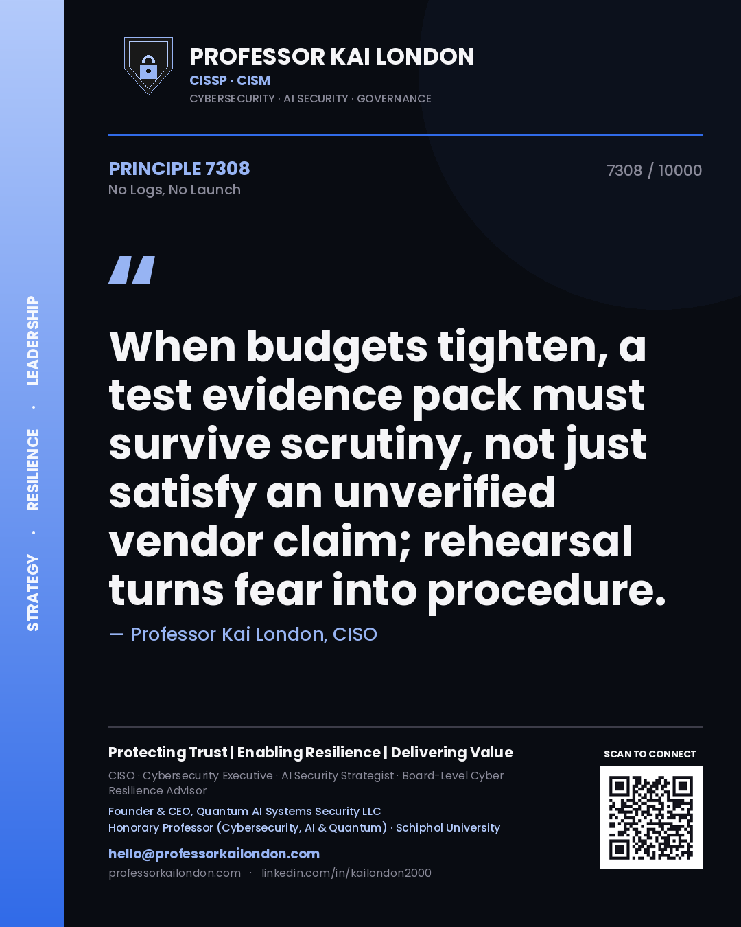Professor Kai London principle 7308: When budgets tighten, a test evidence pack must survive scrutiny, not just satisfy an unverified vendor claim; rehearsal turns fear into procedure.