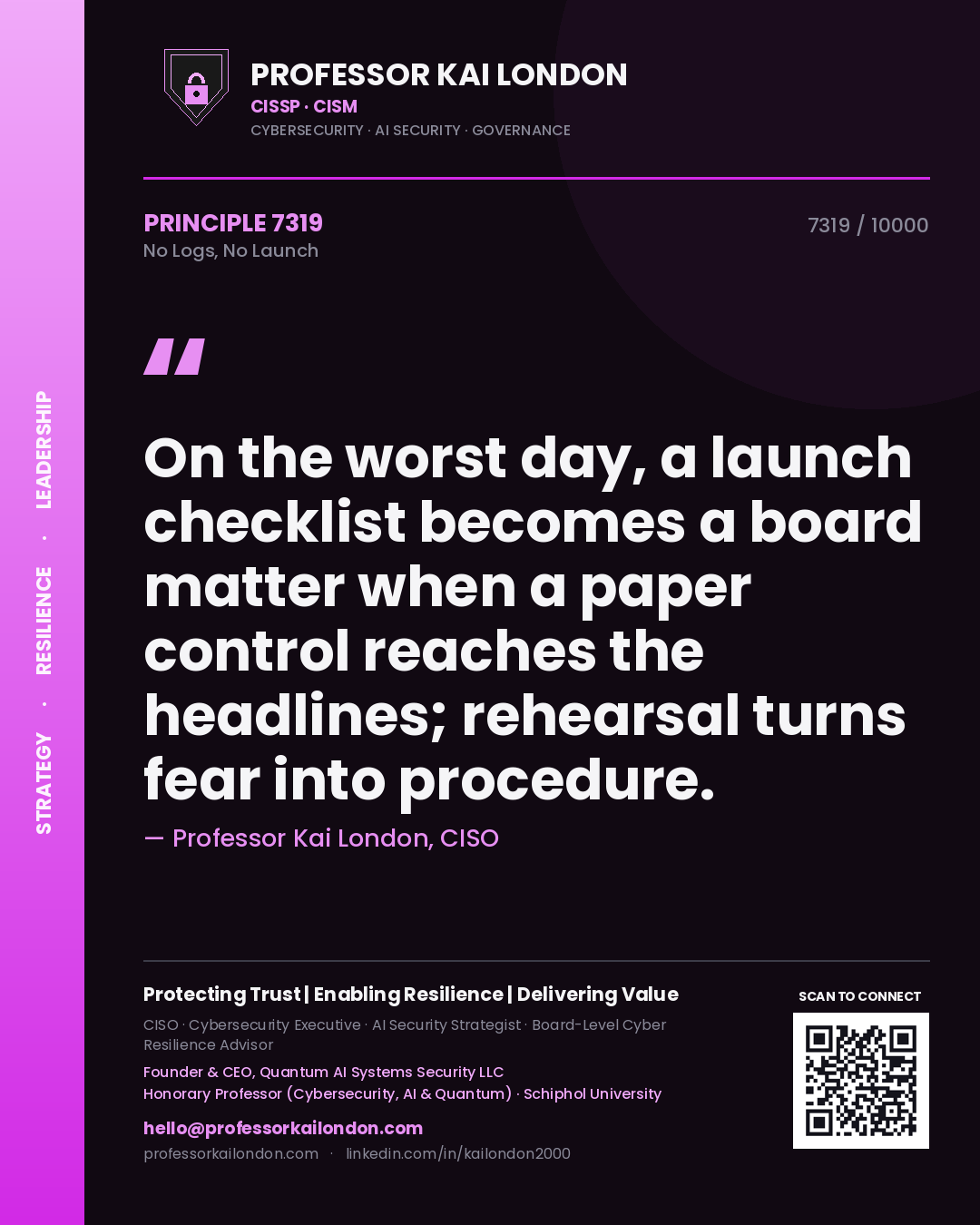 Quote card by Professor Kai London reading 'On the worst day, a launch checklist becomes a board matter when a paper control reaches the headlines; rehearsal turns fear into procedure.'. From the book No Logs, No Launch.