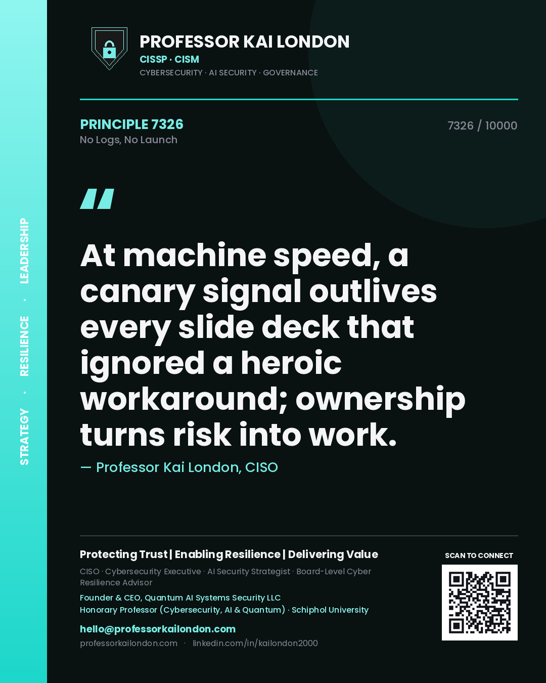 Quote card by Professor Kai London reading 'At machine speed, a canary signal outlives every slide deck that ignored a heroic workaround; ownership turns risk into work.'. From the book No Logs, No Launch.
