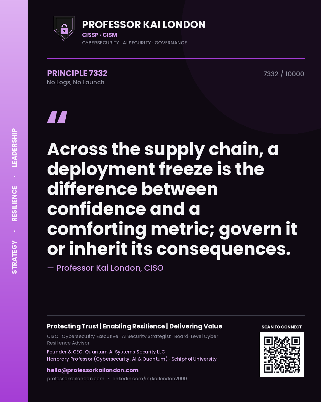 Professor Kai London principle 7332: Across the supply chain, a deployment freeze is the difference between confidence and a comforting metric; govern it or inherit its consequences.