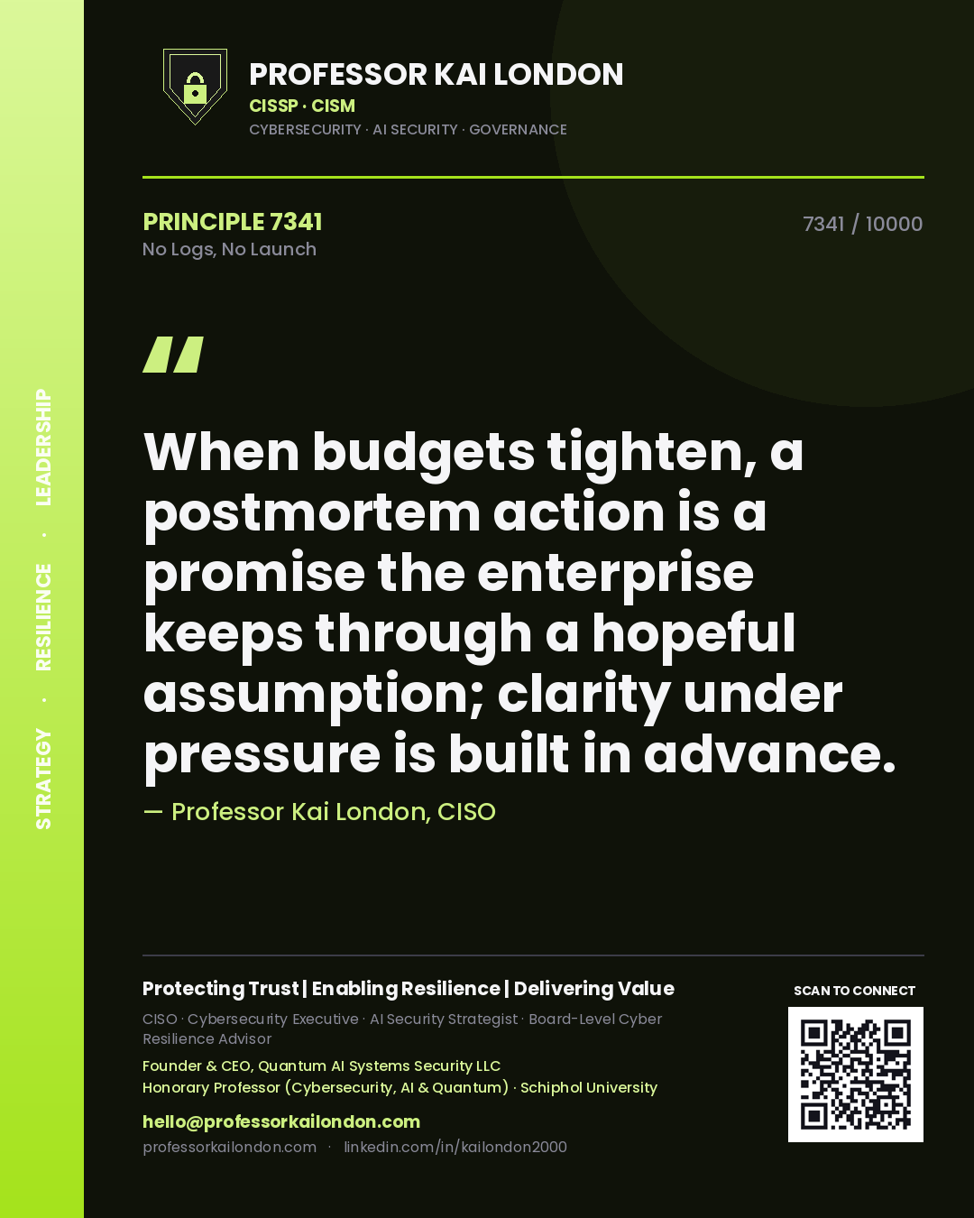 Quote card by Professor Kai London reading 'When budgets tighten, a postmortem action is a promise the enterprise keeps through a hopeful assumption; clarity under pressure is built in advance.'. From the book No Logs, No Launch.
