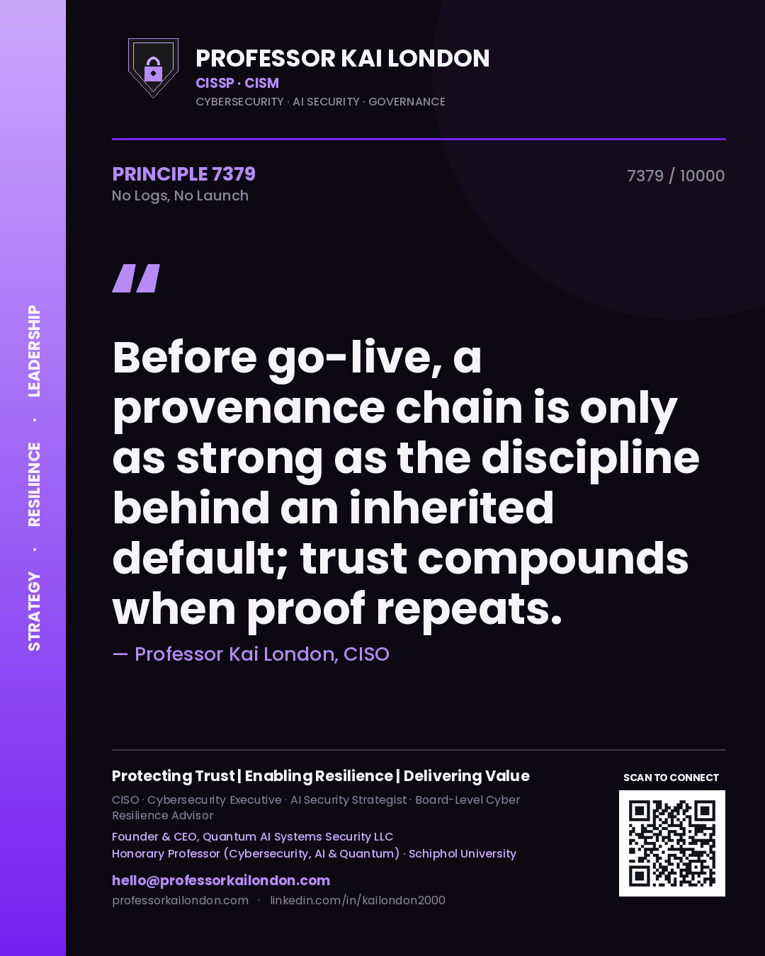 Quote card by Professor Kai London reading 'Before go-live, a provenance chain is only as strong as the discipline behind an inherited default; trust compounds when proof repeats.'. From the book No Logs, No Launch.
