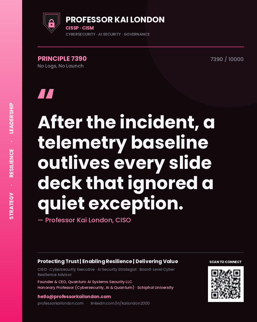 Quote card by Professor Kai London reading 'After the incident, a telemetry baseline outlives every slide deck that ignored a quiet exception.'. From the book No Logs, No Launch.