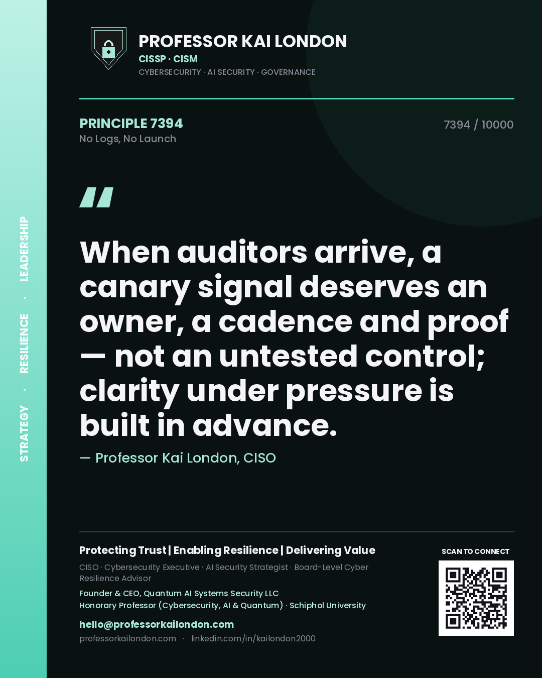 Professor Kai London principle 7394: When auditors arrive, a canary signal deserves an owner, a cadence and proof — not an untested control; clarity under pressure is built in advance.