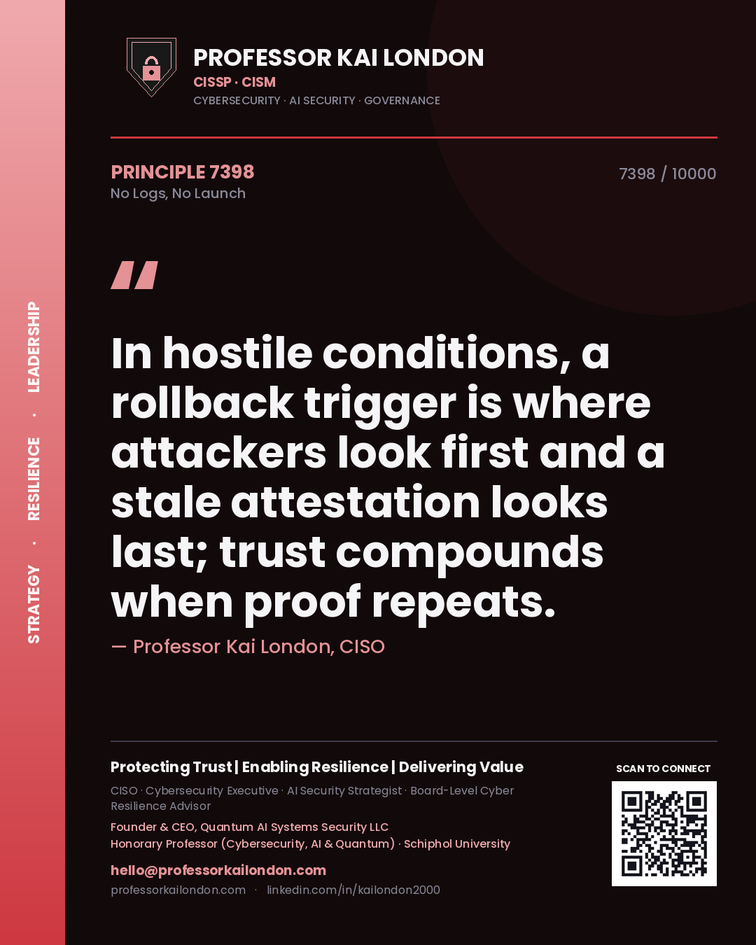 Professor Kai London principle 7398: In hostile conditions, a rollback trigger is where attackers look first and a stale attestation looks last; trust compounds when proof repeats.