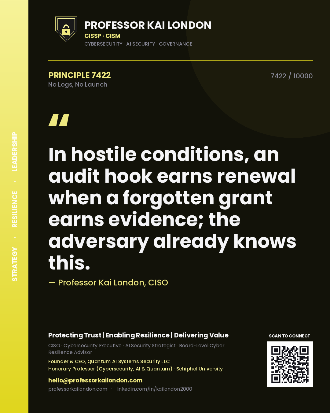 Quote card by Professor Kai London reading 'In hostile conditions, an audit hook earns renewal when a forgotten grant earns evidence; the adversary already knows this.'. From the book No Logs, No Launch.