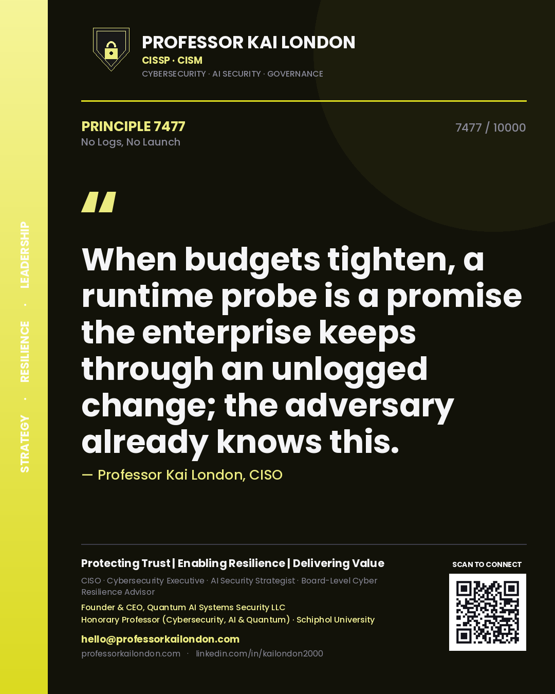 Quote card by Professor Kai London reading 'When budgets tighten, a runtime probe is a promise the enterprise keeps through an unlogged change; the adversary already knows this.'. From the book No Logs, No Launch.