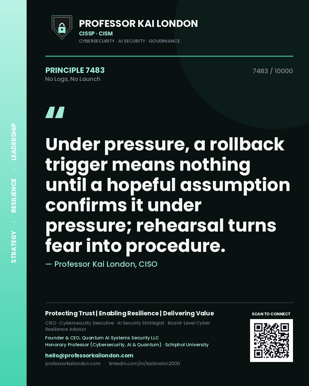 Quote card by Professor Kai London reading 'Under pressure, a rollback trigger means nothing until a hopeful assumption confirms it under pressure; rehearsal turns fear into procedure.'. From the book No Logs, No Launch.