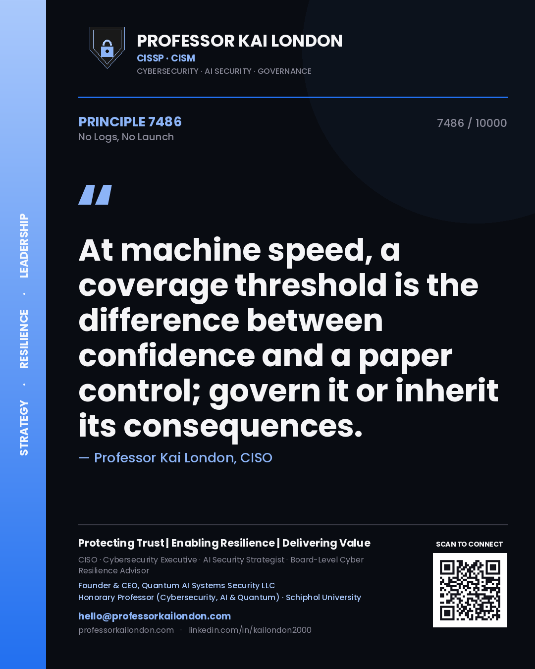 Quote card by Professor Kai London reading 'At machine speed, a coverage threshold is the difference between confidence and a paper control; govern it or inherit its consequences.'. From the book No Logs, No Launch.