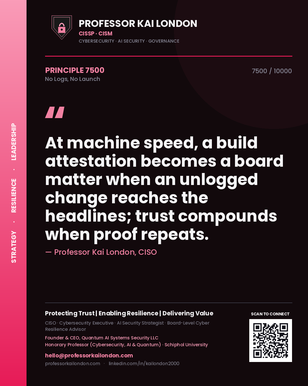 Quote card by Professor Kai London reading 'At machine speed, a build attestation becomes a board matter when an unlogged change reaches the headlines; trust compounds when proof repeats.'. From the book No Logs, No Launch.