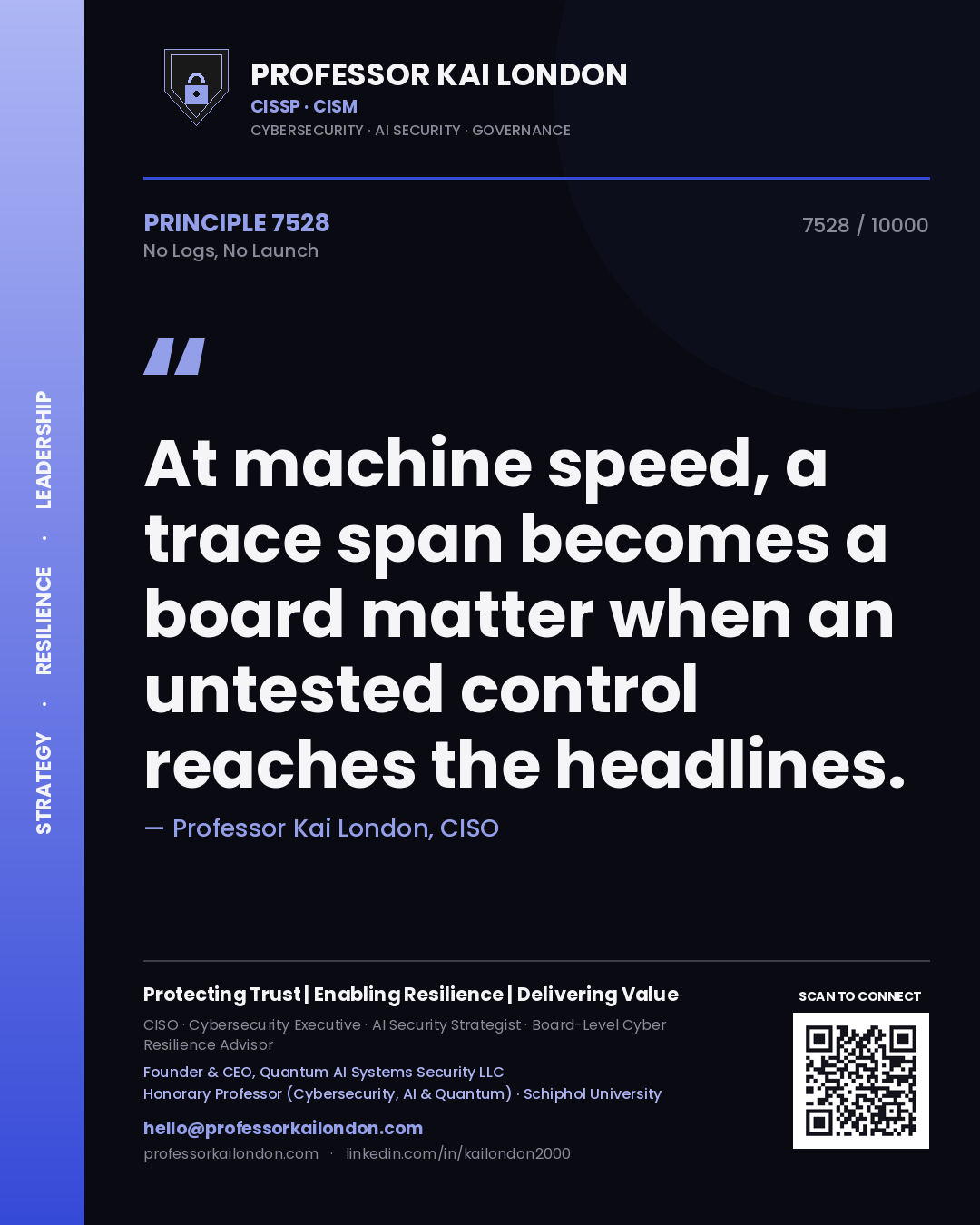 Quote card by Professor Kai London reading 'At machine speed, a trace span becomes a board matter when an untested control reaches the headlines.'. From the book No Logs, No Launch.