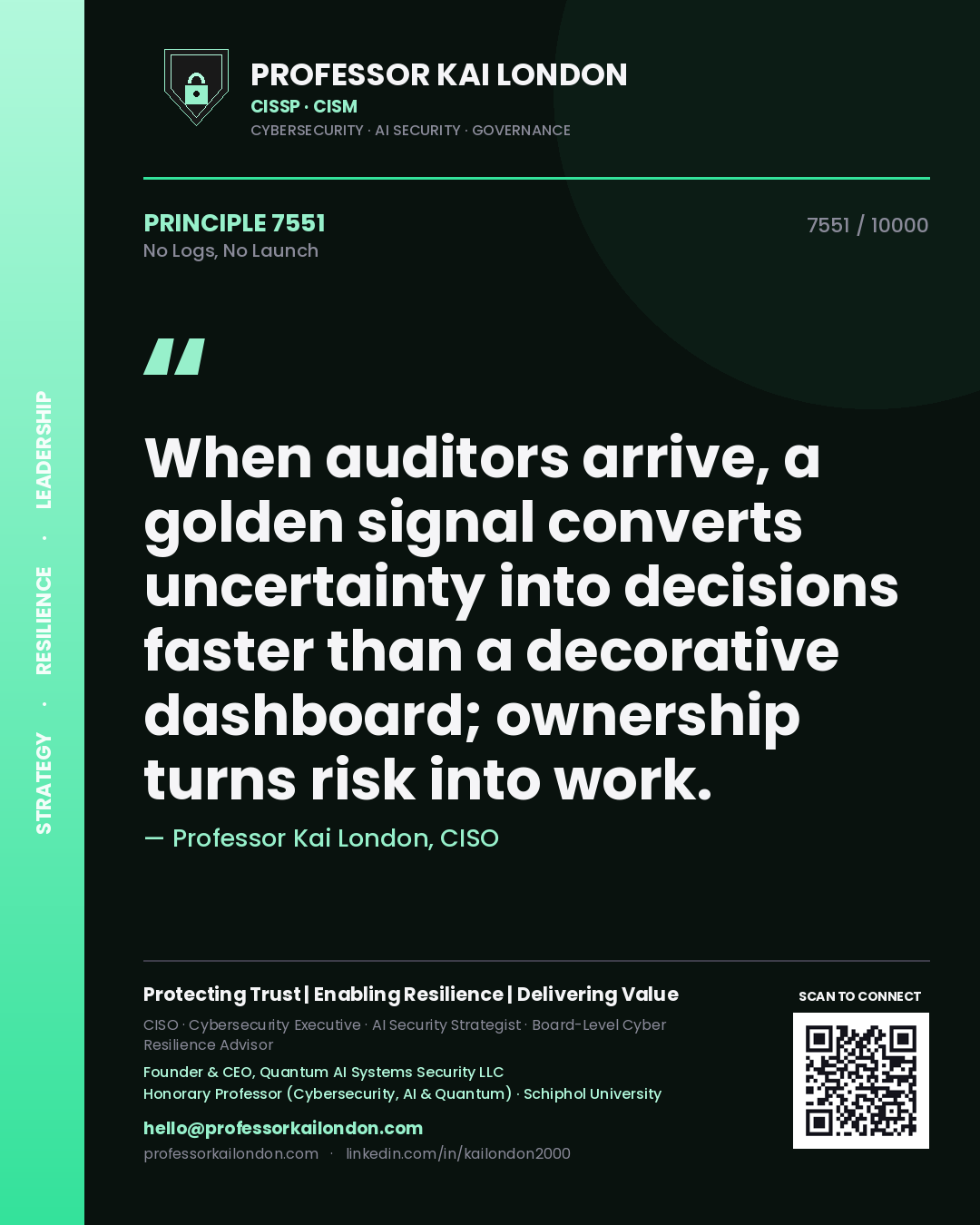 Quote card by Professor Kai London reading 'When auditors arrive, a golden signal converts uncertainty into decisions faster than a decorative dashboard; ownership turns risk into work.'. From the book No Logs, No Launch.