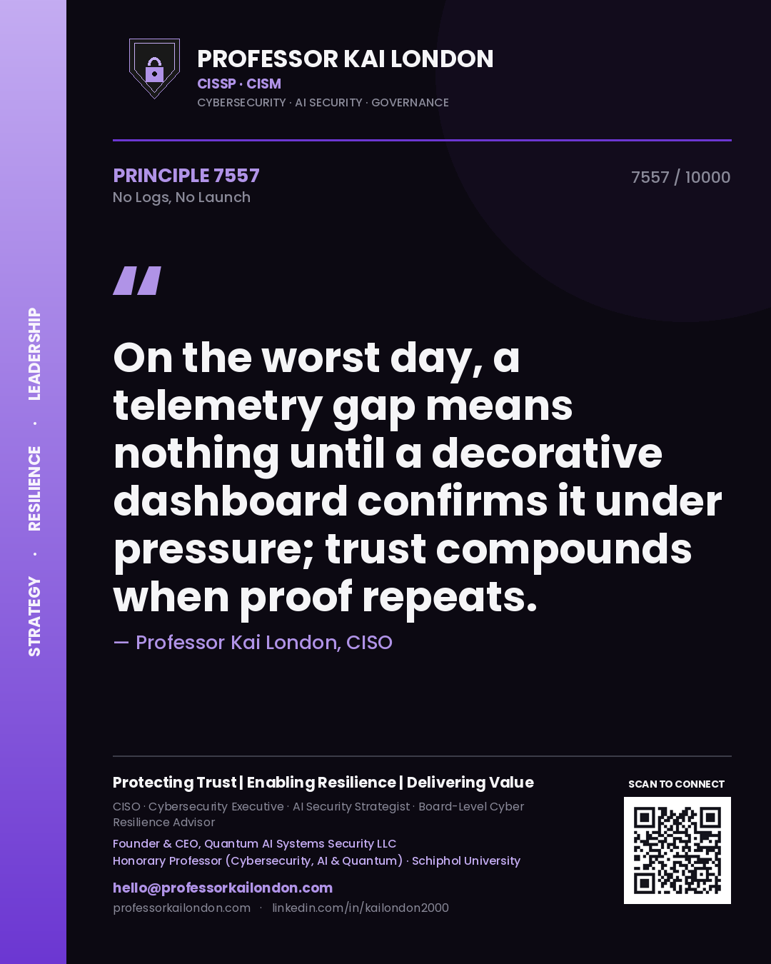 Quote card by Professor Kai London reading 'On the worst day, a telemetry gap means nothing until a decorative dashboard confirms it under pressure; trust compounds when proof repeats.'. From the book No Logs, No Launch.