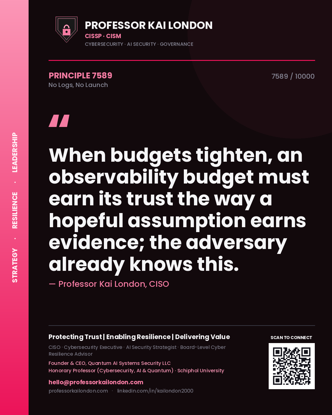 Quote card by Professor Kai London reading 'When budgets tighten, an observability budget must earn its trust the way a hopeful assumption earns evidence; the adversary already knows this.'. From the book No Logs, No Launch.