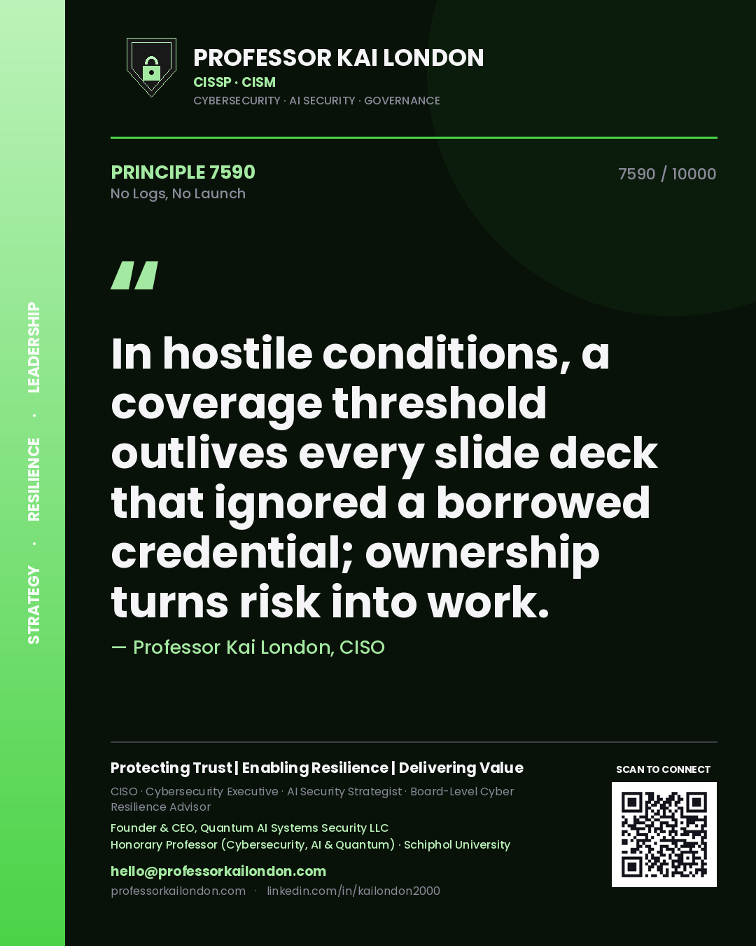 Quote card by Professor Kai London reading 'In hostile conditions, a coverage threshold outlives every slide deck that ignored a borrowed credential; ownership turns risk into work.'. From the book No Logs, No Launch.