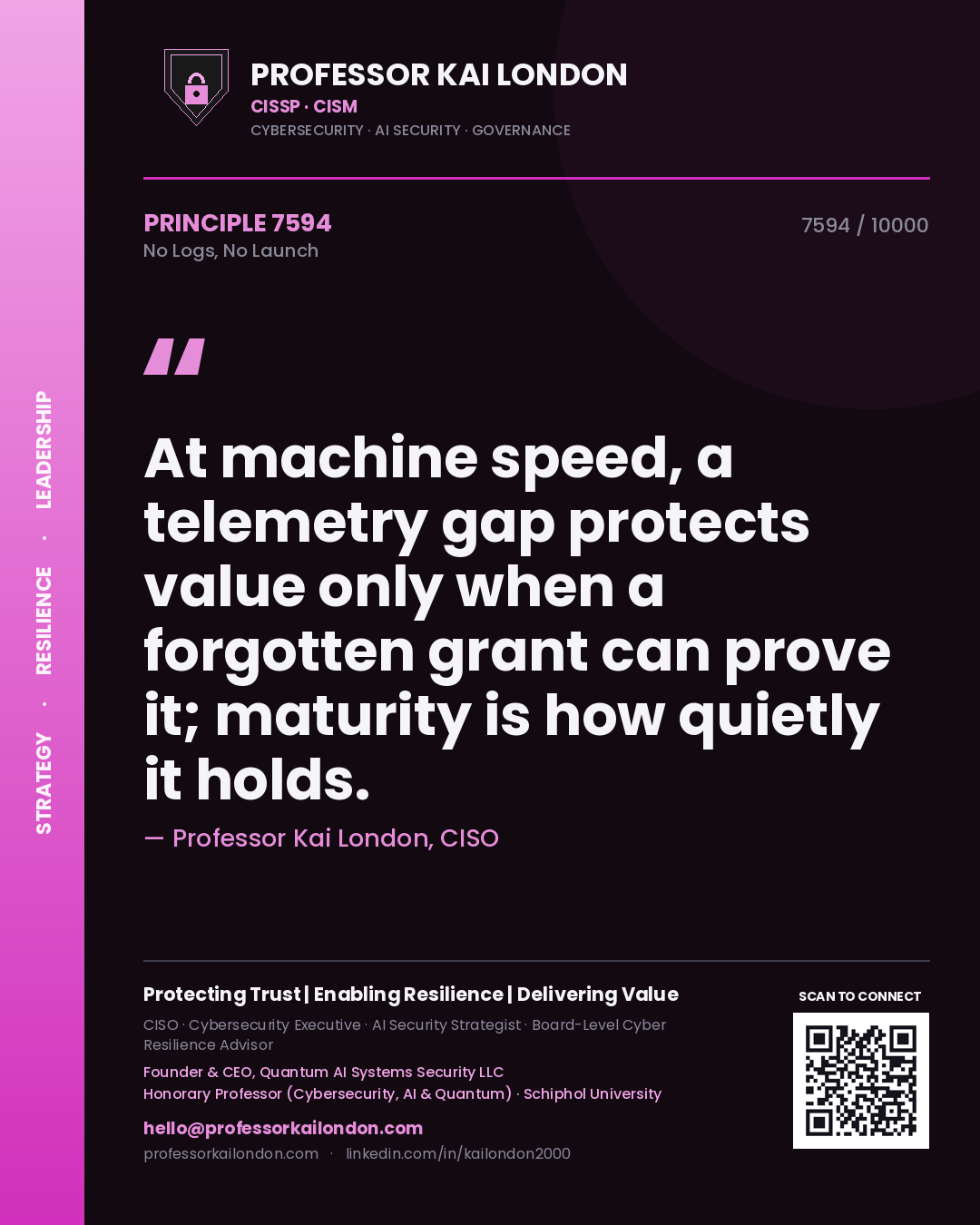 Professor Kai London principle 7594: At machine speed, a telemetry gap protects value only when a forgotten grant can prove it; maturity is how quietly it holds.