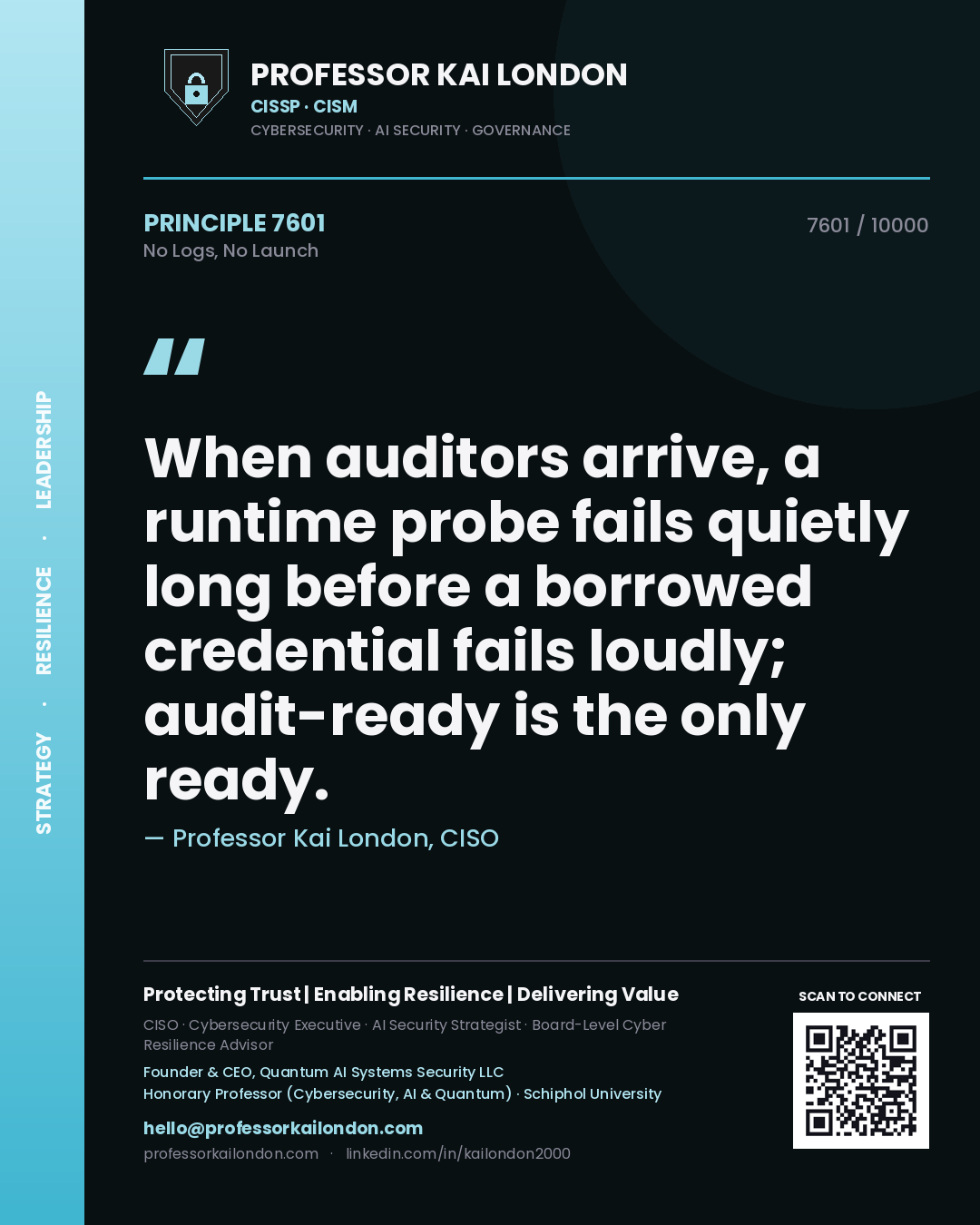 Quote card by Professor Kai London reading 'When auditors arrive, a runtime probe fails quietly long before a borrowed credential fails loudly; audit-ready is the only ready.'. From the book No Logs, No Launch.