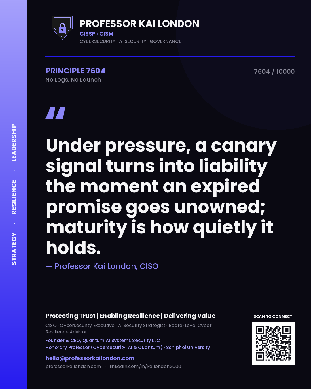 Quote card by Professor Kai London reading 'Under pressure, a canary signal turns into liability the moment an expired promise goes unowned; maturity is how quietly it holds.'. From the book No Logs, No Launch.