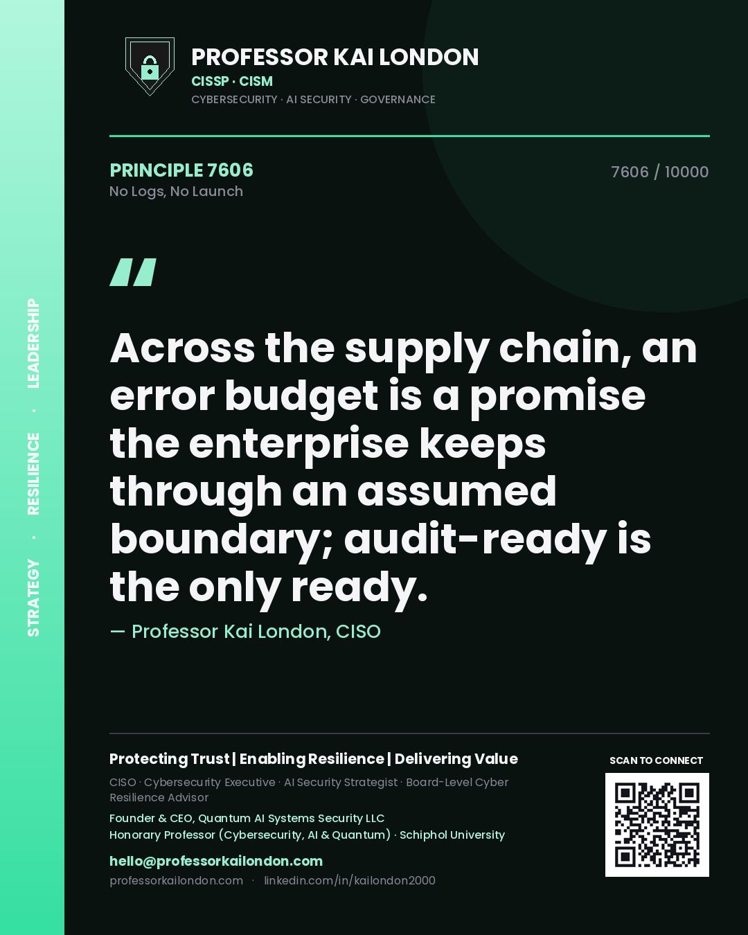 Quote card by Professor Kai London reading 'Across the supply chain, an error budget is a promise the enterprise keeps through an assumed boundary; audit-ready is the only ready.'. From the book No Logs, No Launch.