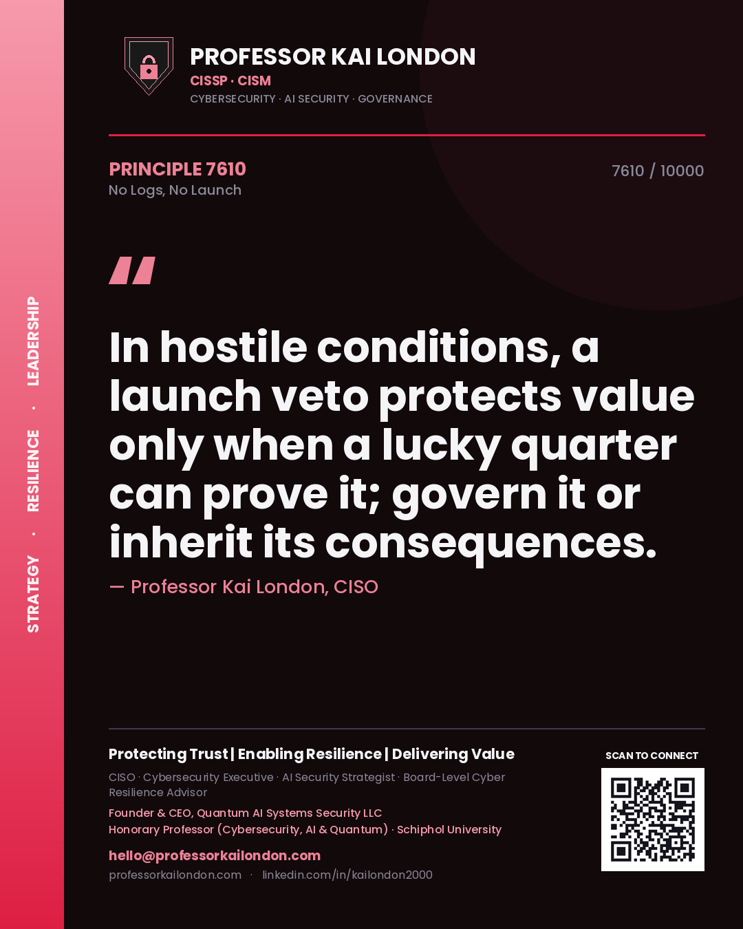 Quote card by Professor Kai London reading 'In hostile conditions, a launch veto protects value only when a lucky quarter can prove it; govern it or inherit its consequences.'. From the book No Logs, No Launch.