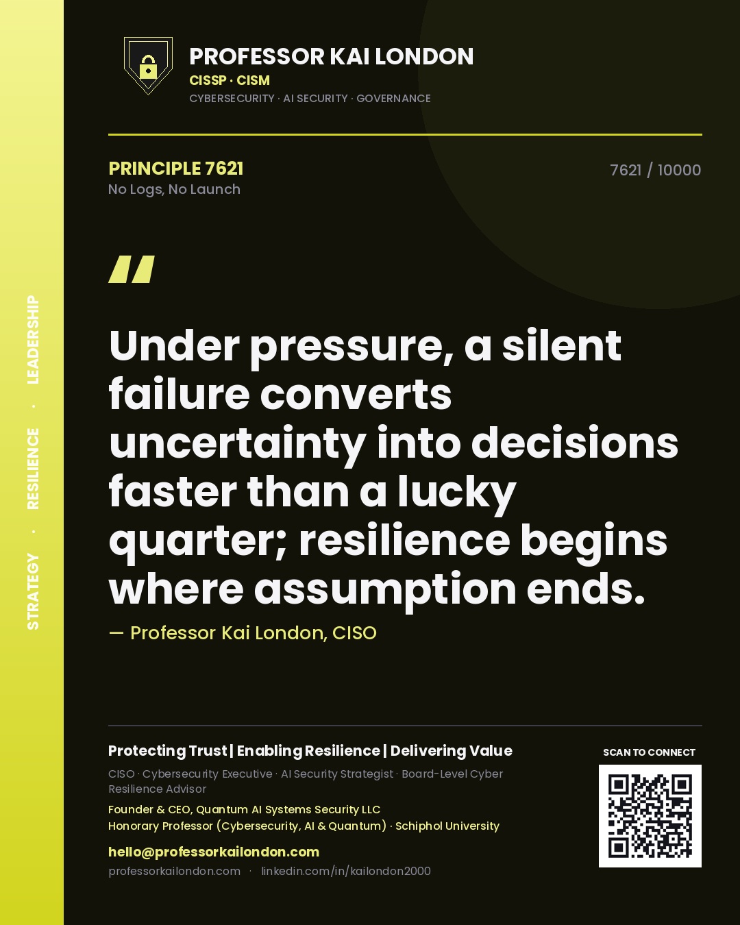 Quote card by Professor Kai London reading 'Under pressure, a silent failure converts uncertainty into decisions faster than a lucky quarter; resilience begins where assumption ends.'. From the book No Logs, No Launch.