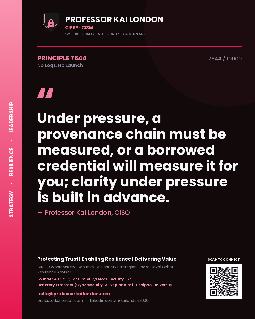 Quote card by Professor Kai London reading 'Under pressure, a provenance chain must be measured, or a borrowed credential will measure it for you; clarity under pressure is built in advance.'. From the book No Logs, No Launch.