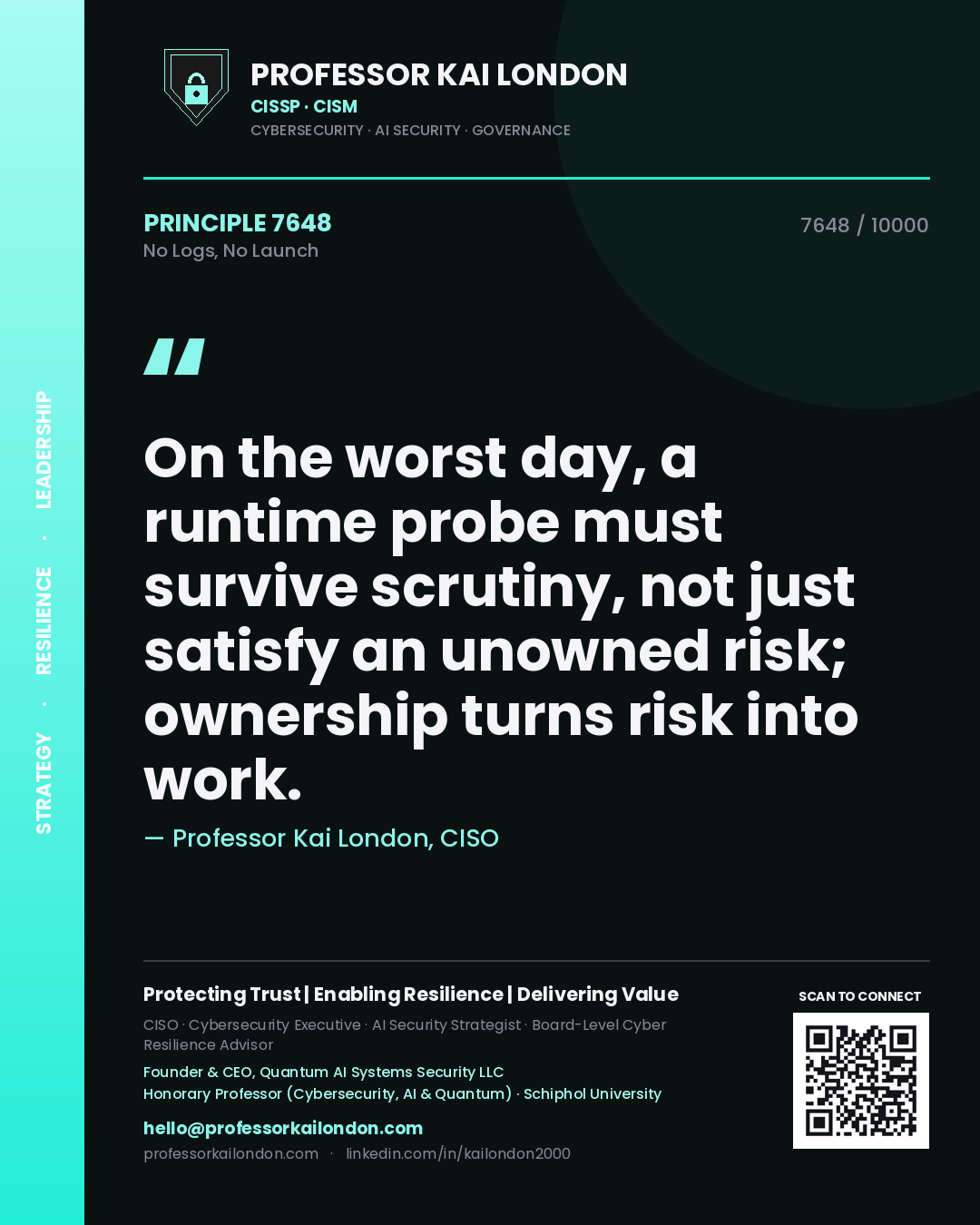 Quote card by Professor Kai London reading 'On the worst day, a runtime probe must survive scrutiny, not just satisfy an unowned risk; ownership turns risk into work.'. From the book No Logs, No Launch.