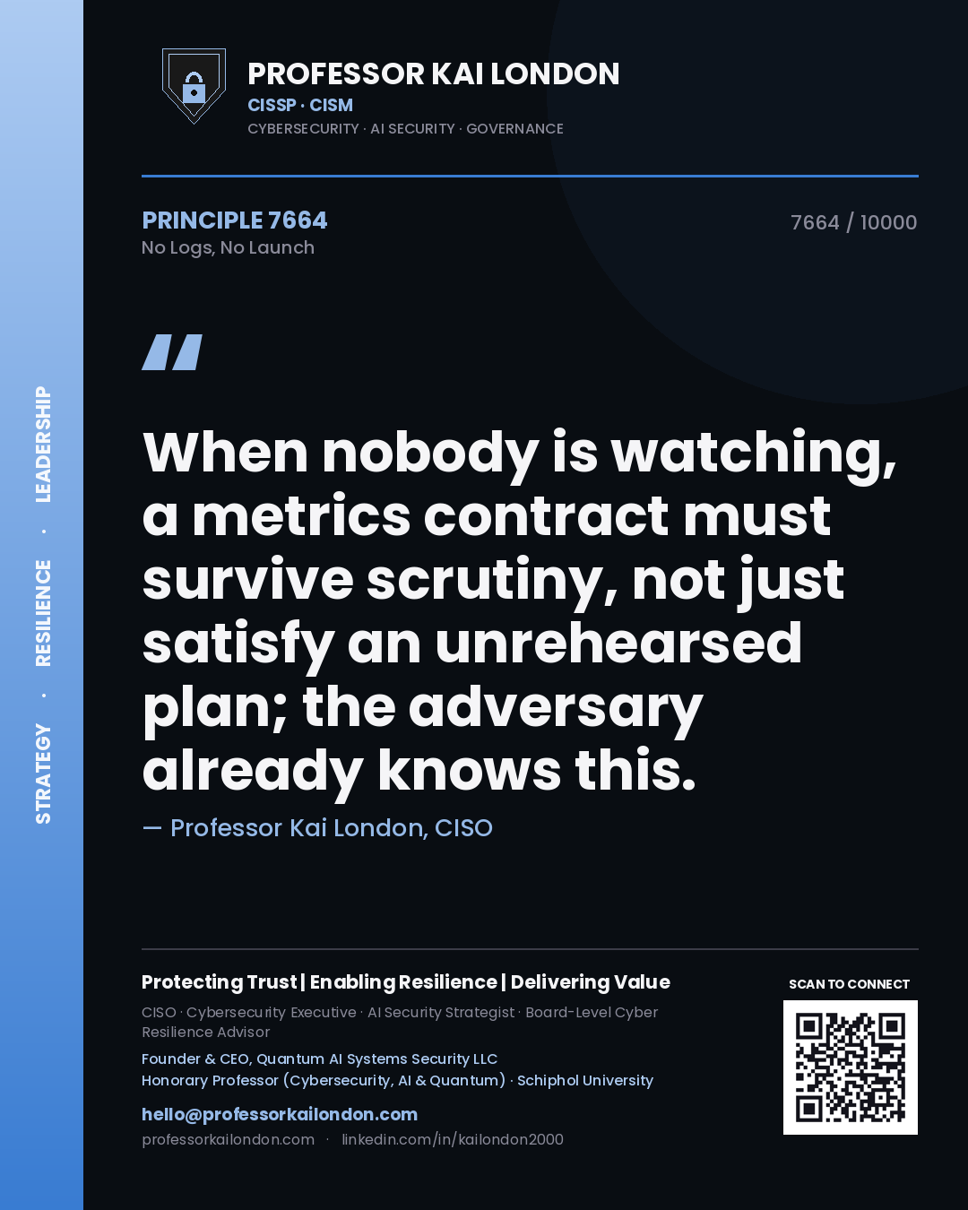 Quote card by Professor Kai London reading 'When nobody is watching, a metrics contract must survive scrutiny, not just satisfy an unrehearsed plan; the adversary already knows this.'. From the book No Logs, No Launch.