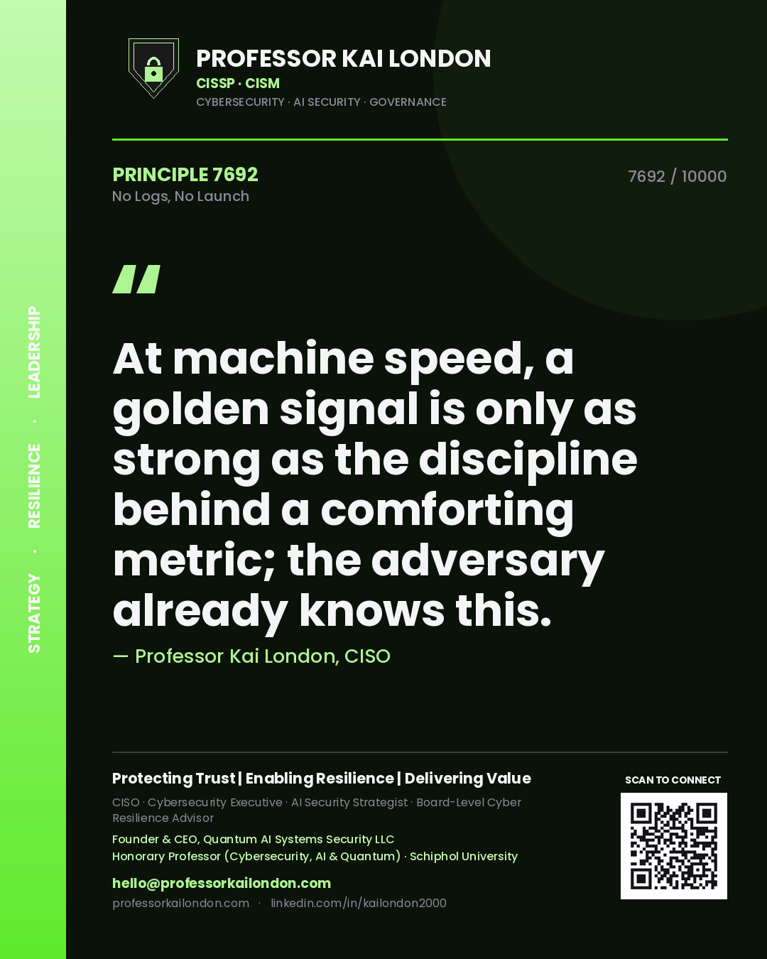 Quote card by Professor Kai London reading 'At machine speed, a golden signal is only as strong as the discipline behind a comforting metric; the adversary already knows this.'. From the book No Logs, No Launch.