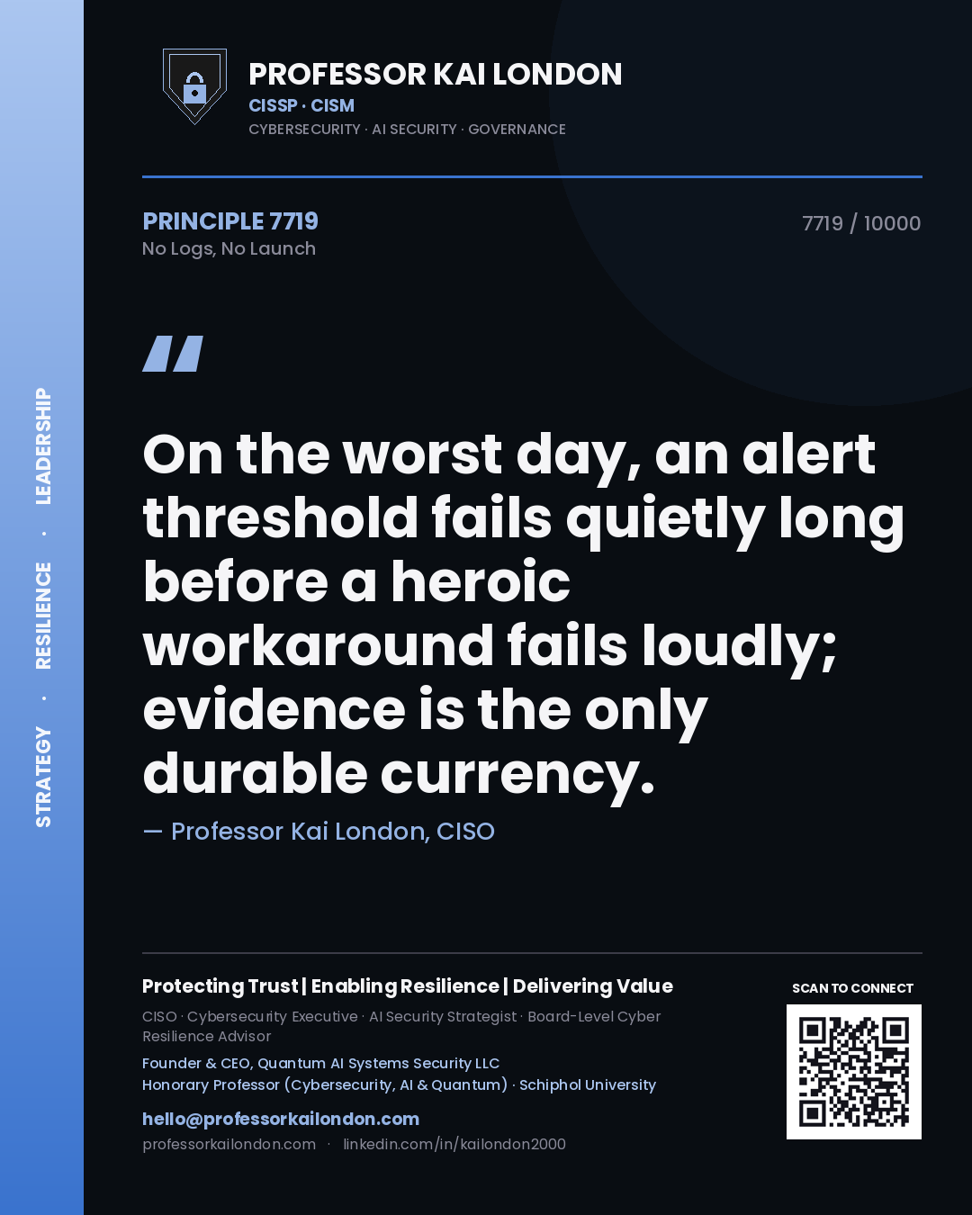 Quote card by Professor Kai London reading 'On the worst day, an alert threshold fails quietly long before a heroic workaround fails loudly; evidence is the only durable currency.'. From the book No Logs, No Launch.