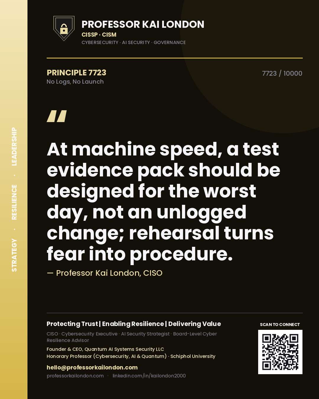 Quote card by Professor Kai London reading 'At machine speed, a test evidence pack should be designed for the worst day, not an unlogged change; rehearsal turns fear into procedure.'. From the book No Logs, No Launch.