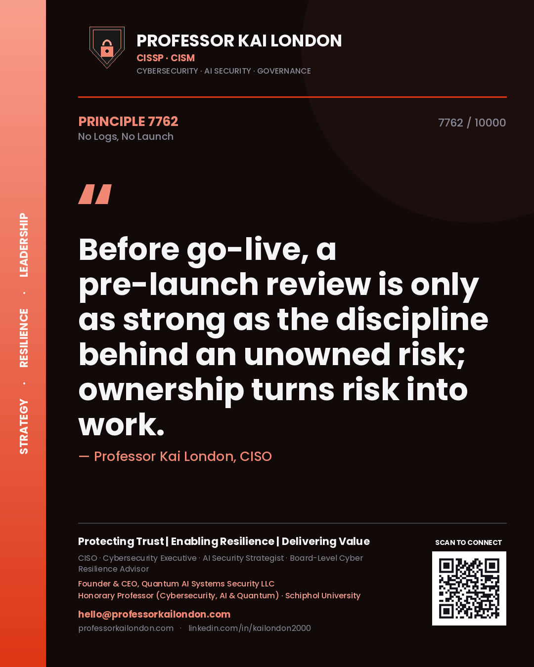 Quote card by Professor Kai London reading 'Before go-live, a pre-launch review is only as strong as the discipline behind an unowned risk; ownership turns risk into work.'. From the book No Logs, No Launch.