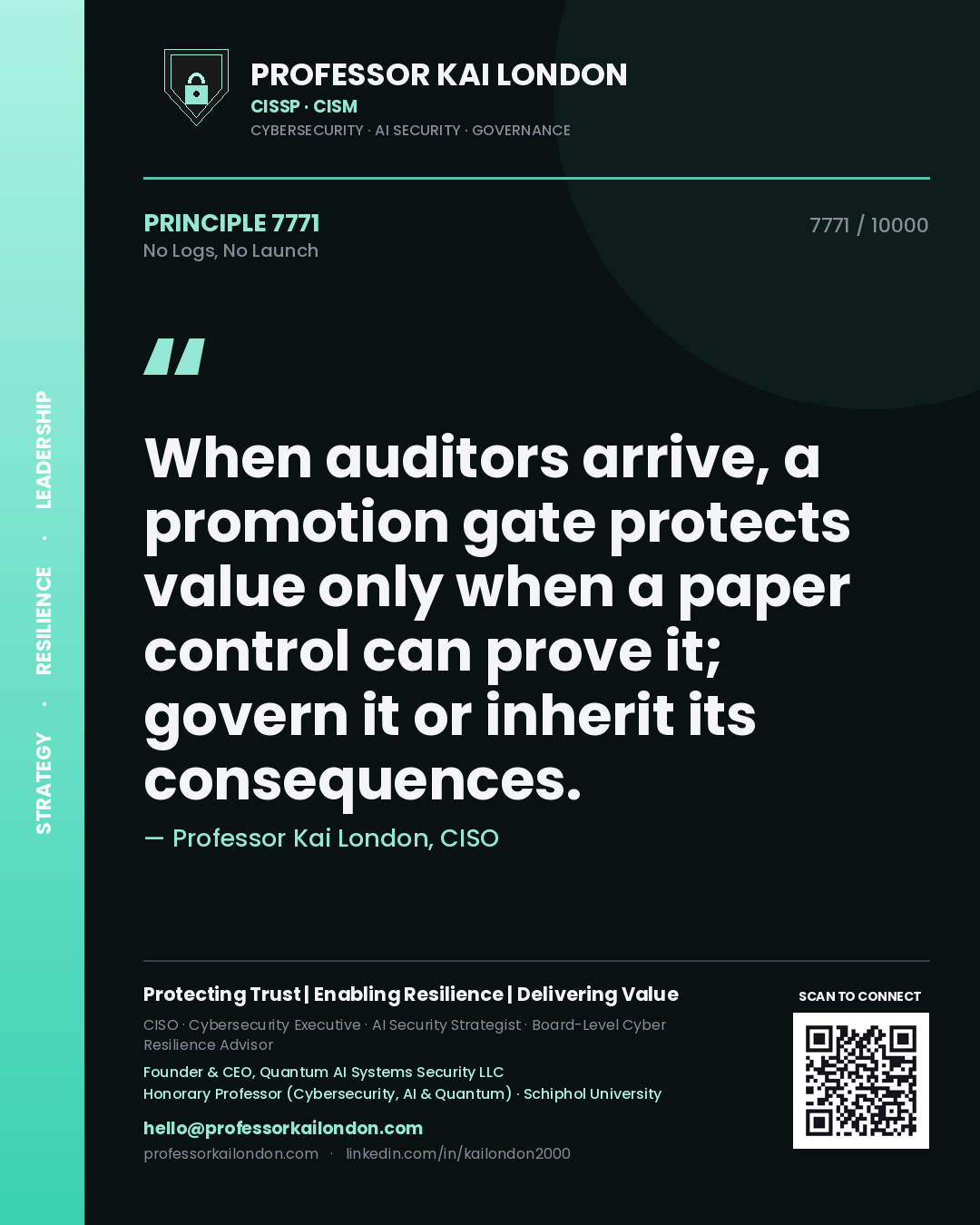 Professor Kai London principle 7771: When auditors arrive, a promotion gate protects value only when a paper control can prove it; govern it or inherit its consequences.